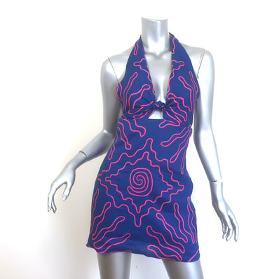 Cala de la Cruz Pamela Halter Mini Dress Navy/Pink Printed Linen Size Small