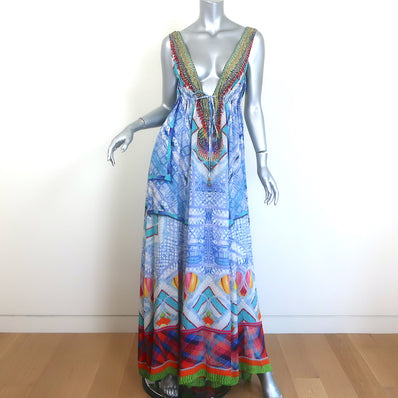 Camilla Crossing Paths Crystal-Embellished Maxi Dress Blue Printed Silk Size 3