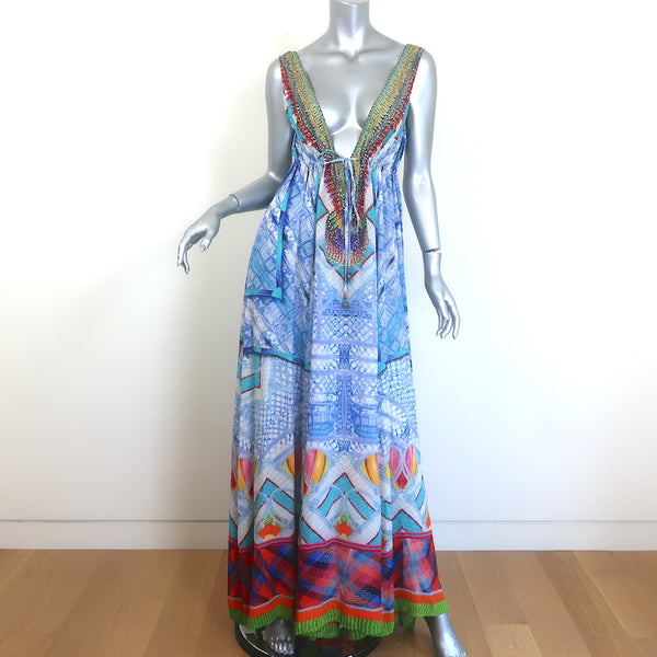 Camilla Crossing Paths Crystal-Embellished Maxi Dress Blue Printed Silk  Size 3