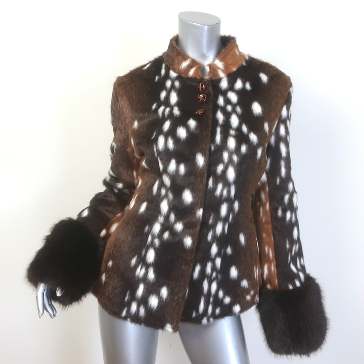 Carelli Bambi Deer Print Faux Fur Jacket Brown Size Small