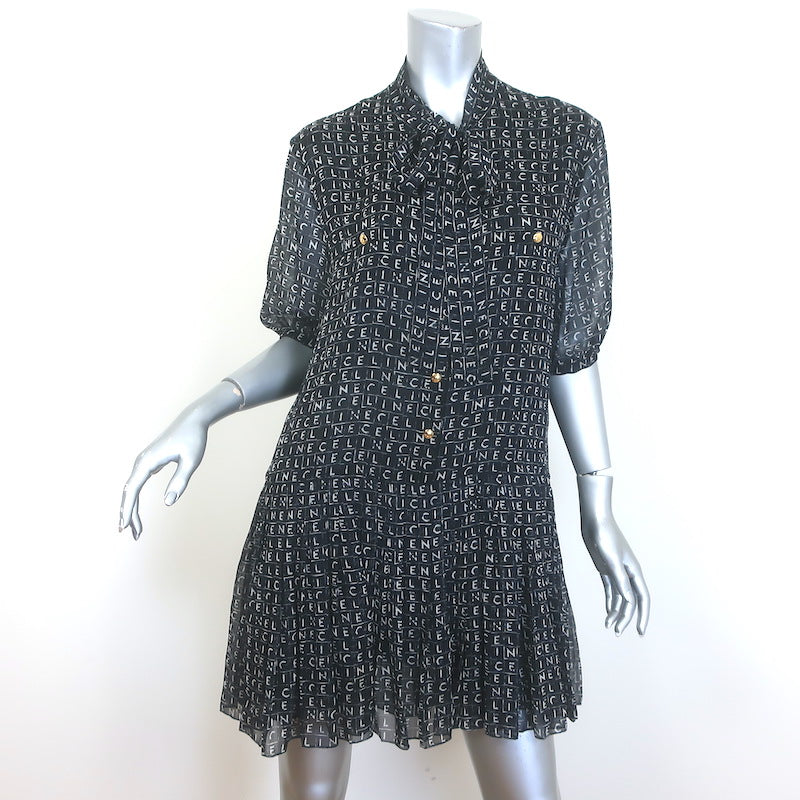 Celine Lavallière Pussy Bow Mini Dress Black Logo Print Silk Chiffon Size 42