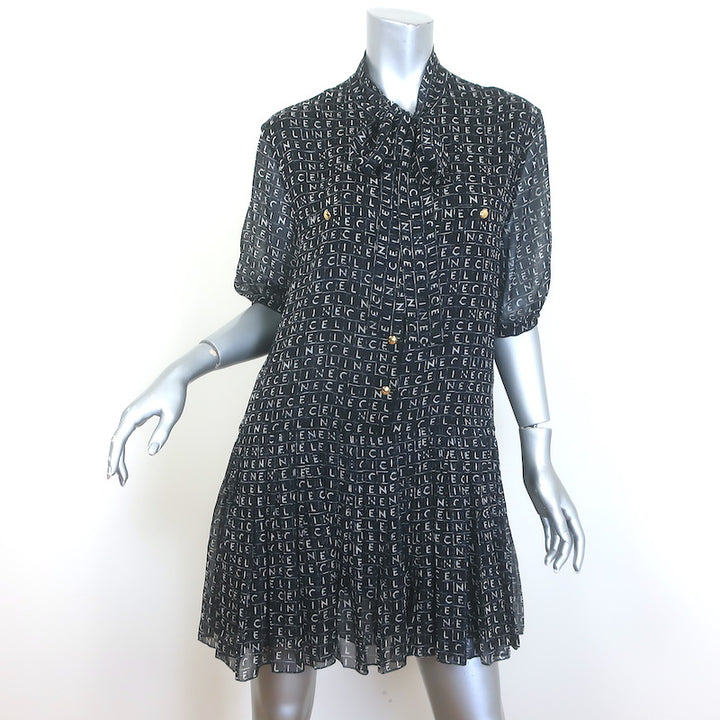 Celine Lavallière Pussy Bow Mini Dress Black Logo Print Silk Chiffon Size 42