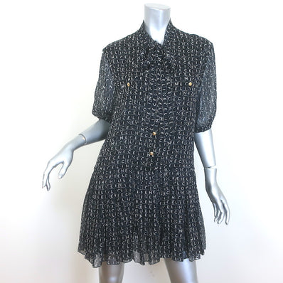 Celine Lavallière Pussy Bow Mini Dress Black Logo Print Silk Chiffon Size 42