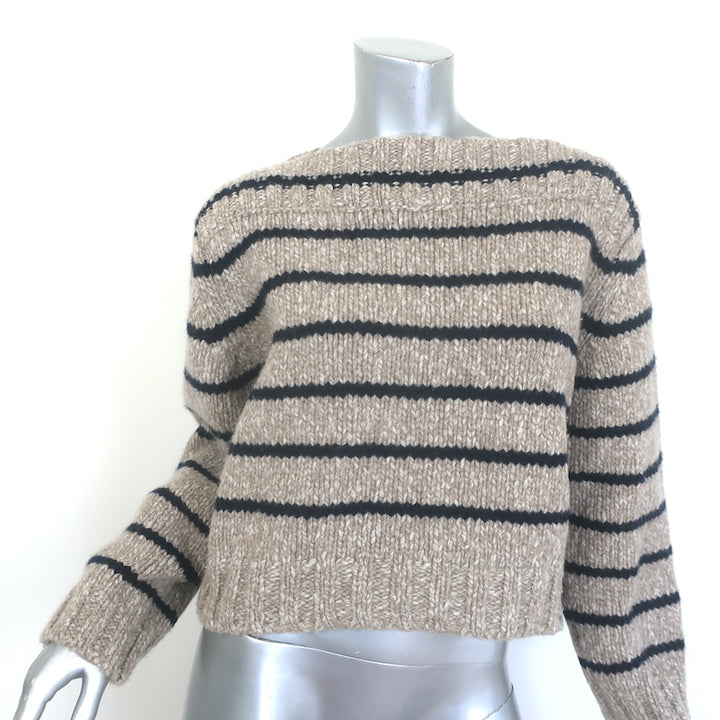 Celine mariniere boat-neck sweater in taupe &amp; navy wool, authentic pre-owned gently worn luxury knit, size M