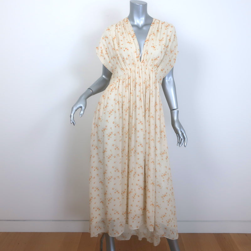 Celine Ruched Floral Print Georgette Midi Dress Ivory Silk Size 38