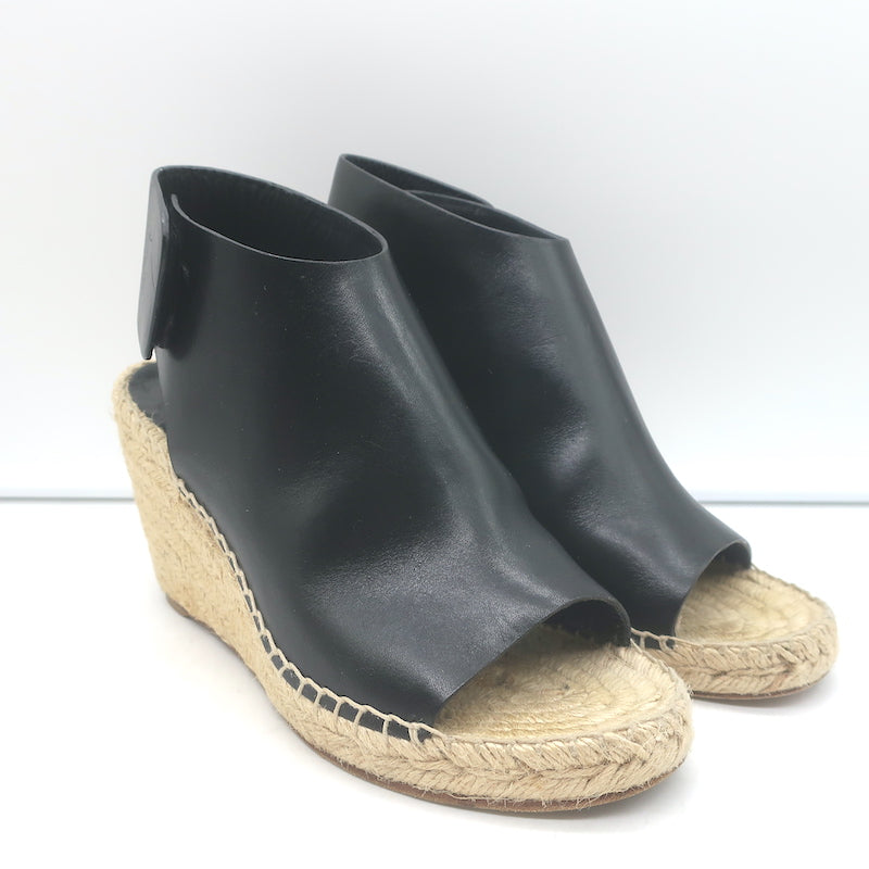Celine Slingback Espadrille Wedge Sandals Black Leather Size 37 Open Toe Heels