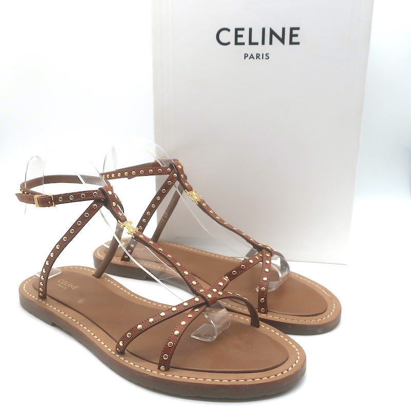 Celine Taillat Triomphe Studded T-Strap Sandals Brown Leather Size 40