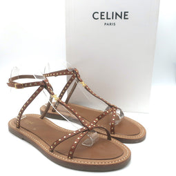 Celine Taillat Triomphe Studded T-Strap Sandals Brown Leather Size 40