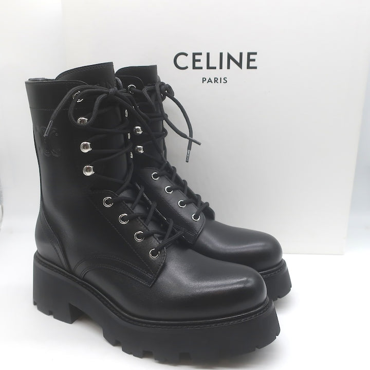 Celine Triomphe Lace-Up Platform Combat Boots Black 