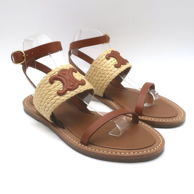 Celine Triomphe Raffia & Leather Flat Ankle Strap Sandals Brown Size 40