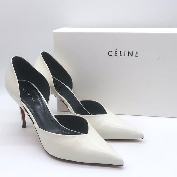CELINE ポインテッドトゥ エナメル フラットパンプス ホワイト Celine d'Orsay Pointed Toe Pumps White Leather Size 36 – Celebrity
