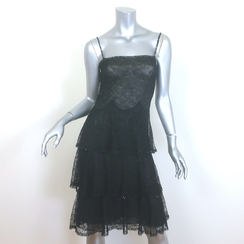 Chanel 00T Sequin-Trimmed Tiered Ruffled Lace Dress Black Size 34 Celebrity Owned Chanel 00T Sequin-Trimmed Tiered Ruffled Lace Dress Black Size 34 Celebrity Owned