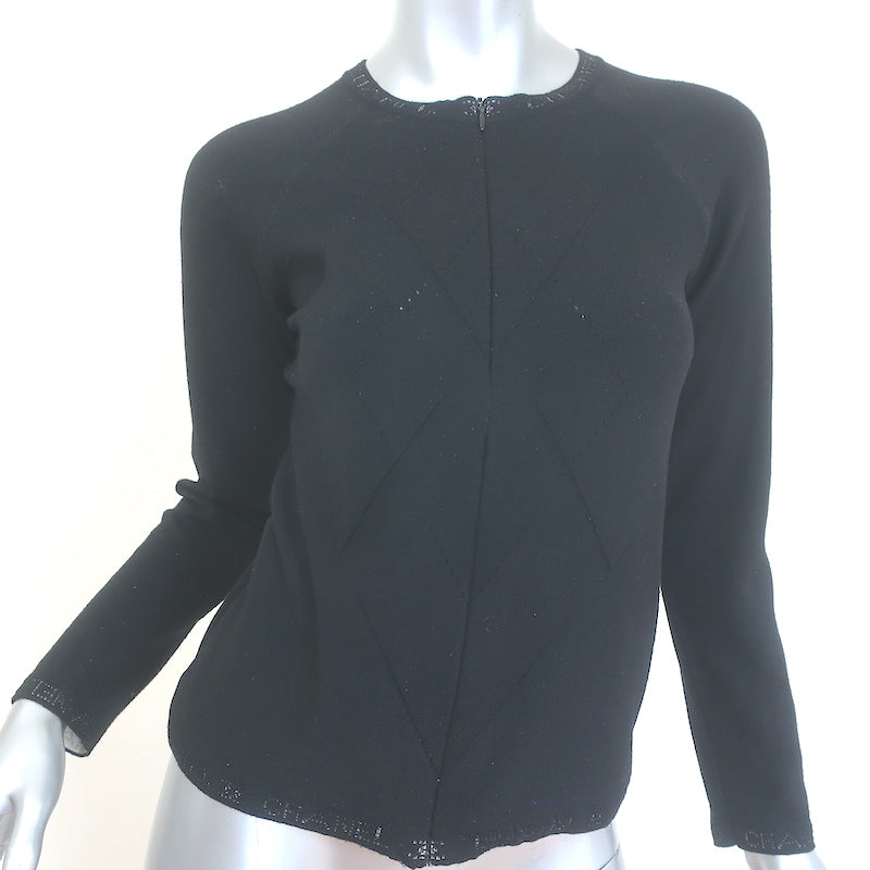 Chanel 07A Logo-Trimmed Zip-Up Cardigan Black Fine Wool Knit Size 38