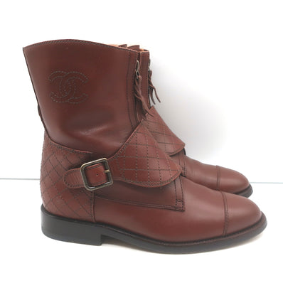 Chanel cap-toe quilted ankle boots, brown leather with CC embroidery — authentic pre-owned, gently worn