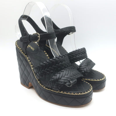 Chanel 15P Chain-Trimmed Quilted Wedge Sandals 