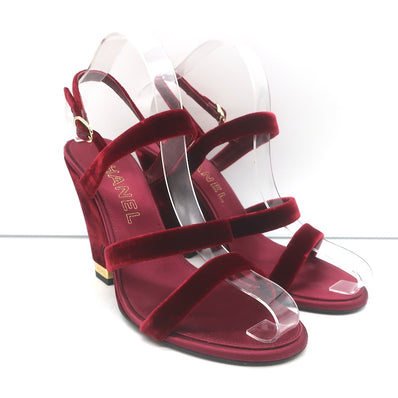 Chanel 17A Chain CC Velvet Wedge Sandals Burgundy Size 39 Slingback Heels