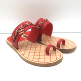 Chanel 19C CC Chain Toe-Strap Flat Slide Sandals Red Leather Size 37.5