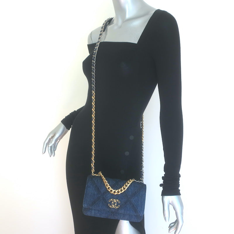 Chanel 19 Quilted Denim Wallet on Chain Indigo Small Crossbody Bag