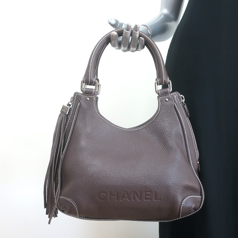 Chanel 2003 Lax Tassel Hobo Dark Brown Grained Leather Small Shoulder Bag