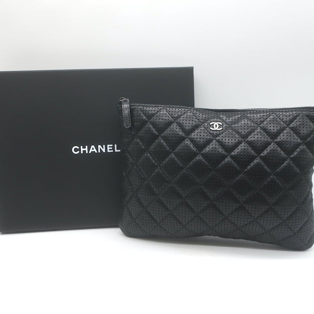 Chanel 2015 O Case Clutch Black Perforated Lambskin Leather