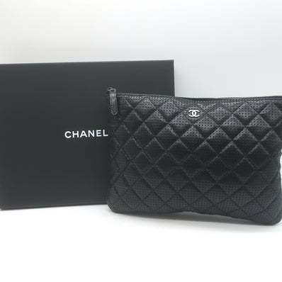 Chanel 2015 O Case Clutch Black Perforated Lambskin Leather