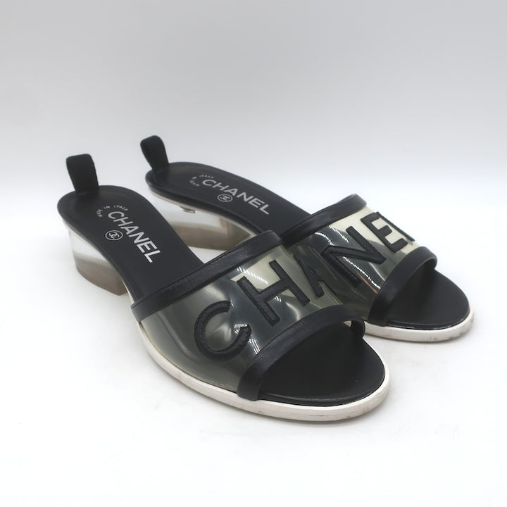 Chanel 2019 PVC Lucite-Heel Logo Mules