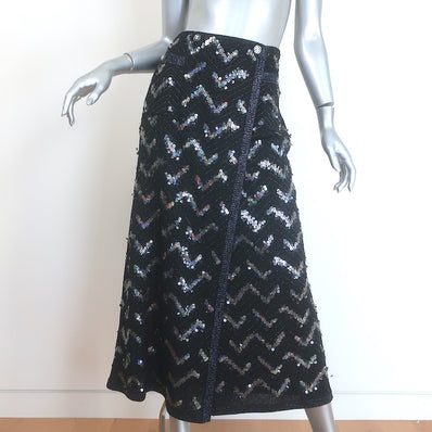 Chanel 2021 Chevron-Sequined Midi Wrap Skirt Black