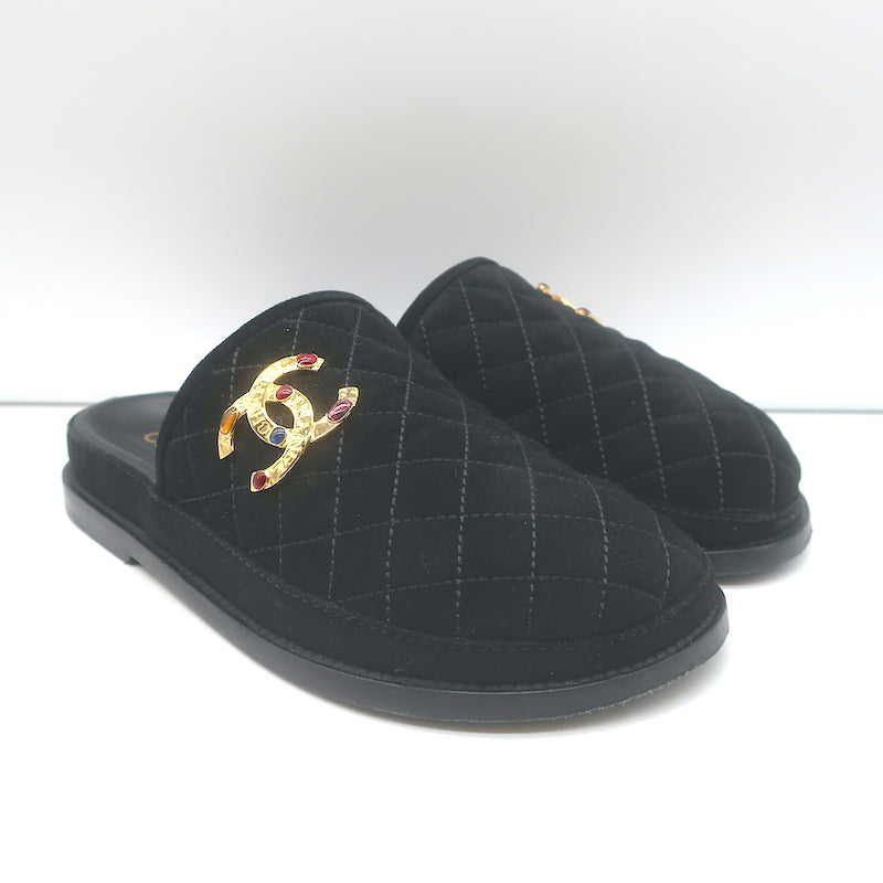 Chanel 2022 Jeweled CC Quilted Flat Mules Black Suede Size 38