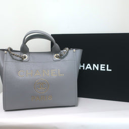 Chanel 20P Large Studded Deauville Tote Bag Grey 