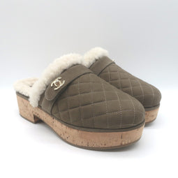 Chanel 21B CC Turnlock Cork-Platform Shearling Mules 