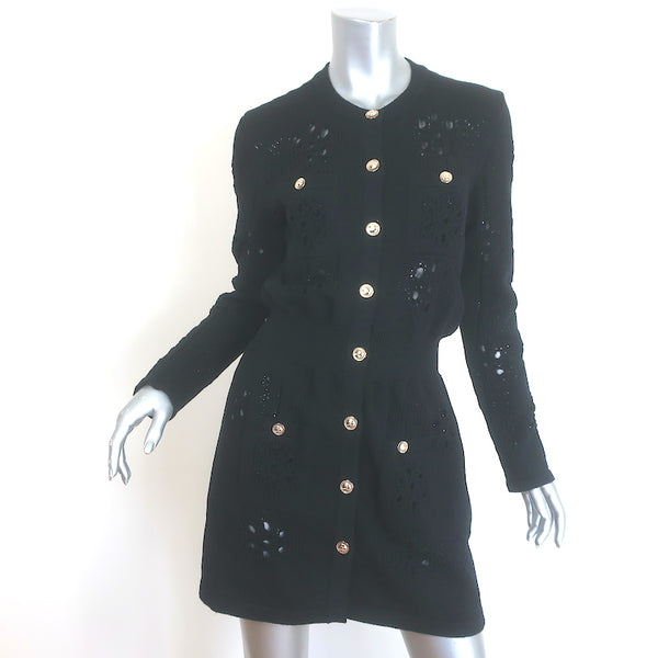 knee length dresses for ladies Chanel 21C Open-Knit Button Front Mini Dress Black Cotton Blend Size 4 –  Celebrity Owned