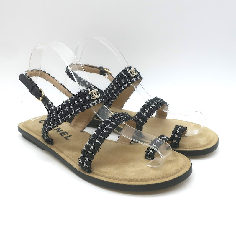 Chanel 21P Pearl CC Tweed Toe-Strap Slingback Sandals 