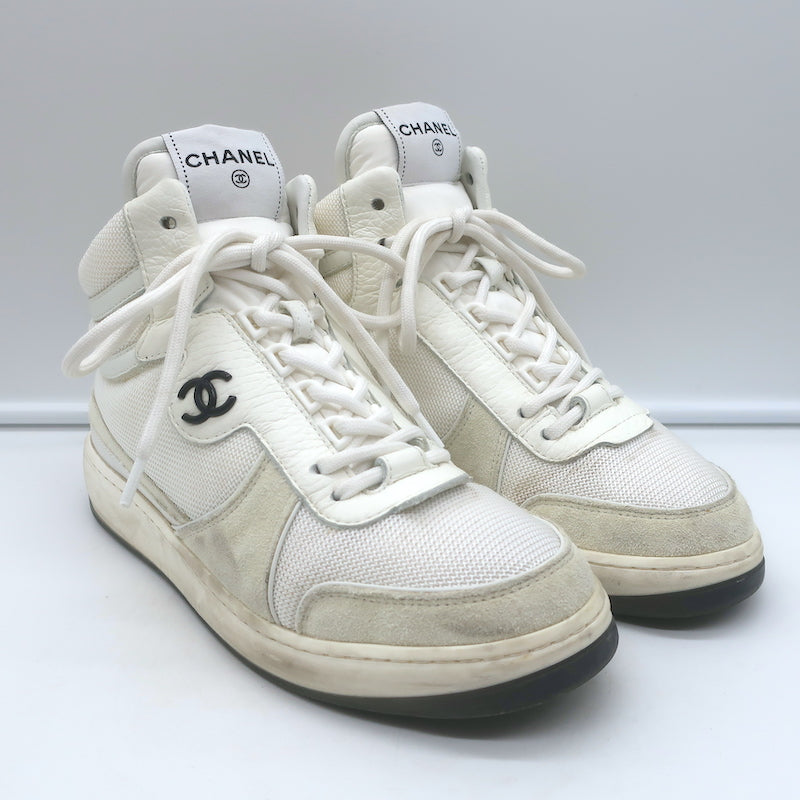 Chanel 22P High Top Sneakers White Mesh &amp; Ecru Suede Size 38