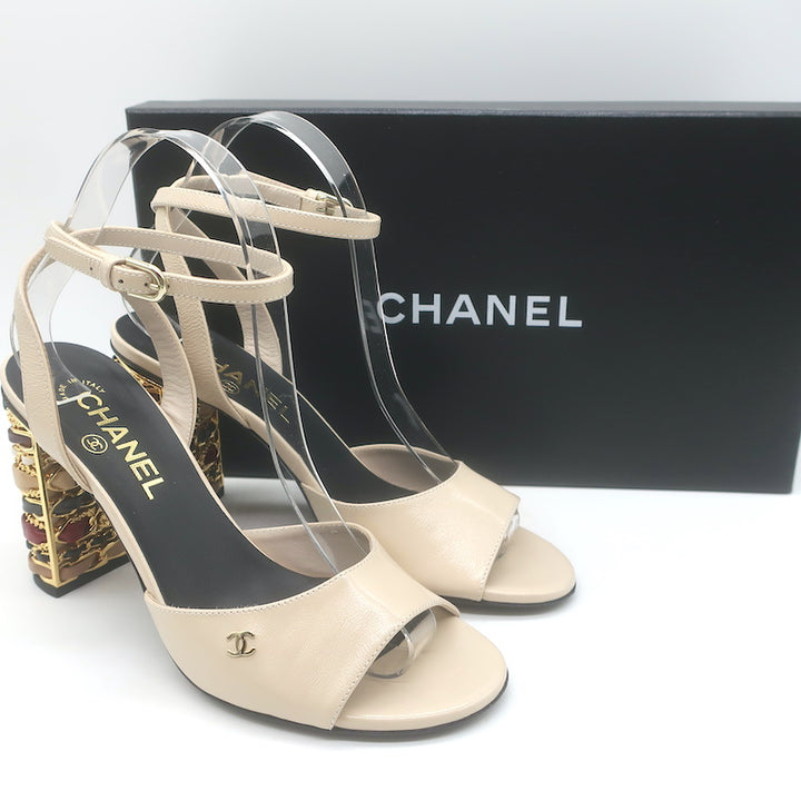 Chanel 23B Chain-Heel Ankle Strap Sandals Beige