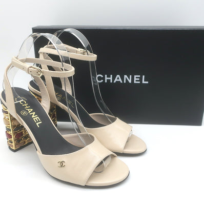 Chanel 23B Chain-Heel Ankle Strap Sandals Beige