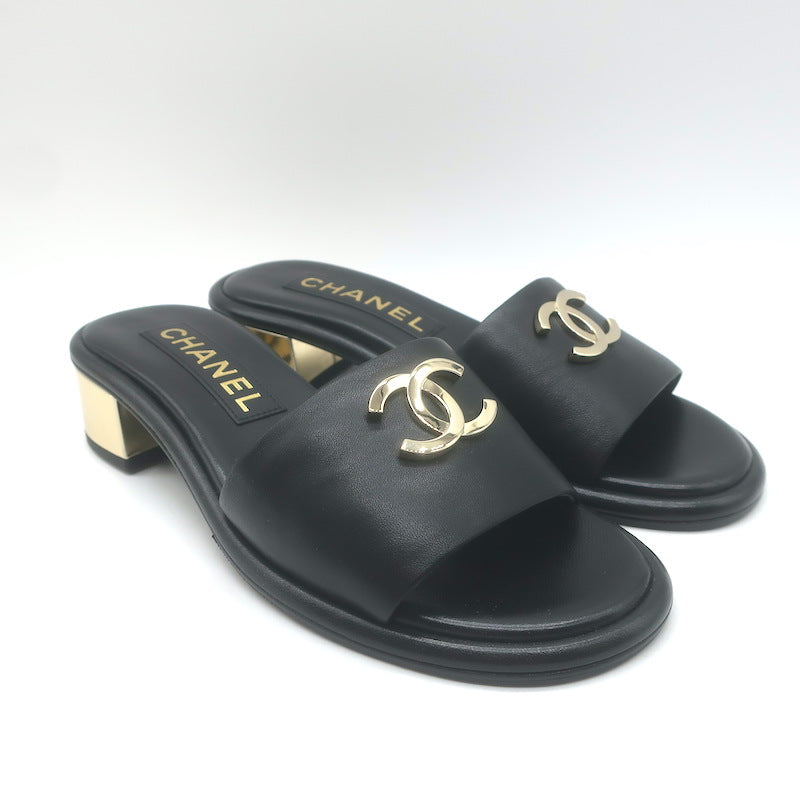 Chanel 23K CC Gold-Heel Slide Sandals Black Leather Size 37