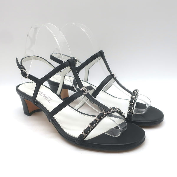 Chanel 23P Crystal CC Chain-Trimmed T-Strap Sandals Black Leather