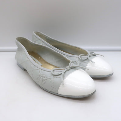 Chanel 23S Double Stitched CC Cap Toe Ballet Flats Light Gray Lambskin Size 37.5