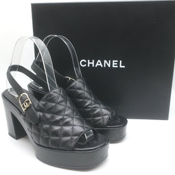 Chanel 24P Quilted Leather CC Platform Slingback Sandals Black Size 36