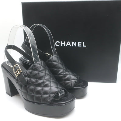 Chanel 24P Quilted Leather CC Platform Slingback Sandals Black Size 36
