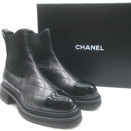 Chanel 26C Patent Cap Toe Quilted Leather Chelsea Boots 