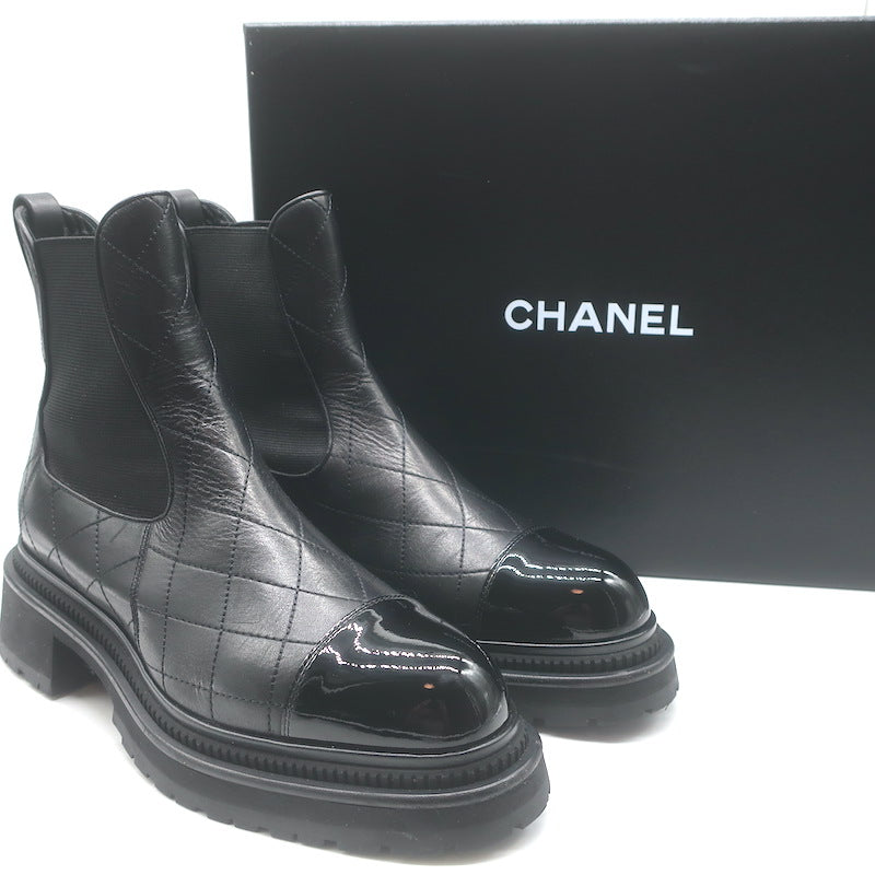 Chanel 26C Patent Cap Toe Quilted Leather Chelsea Boots 