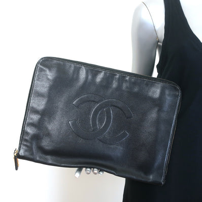Chanel 90s Timeless CC Zip-Around Portfolio Document Holder Black Caviar Leather