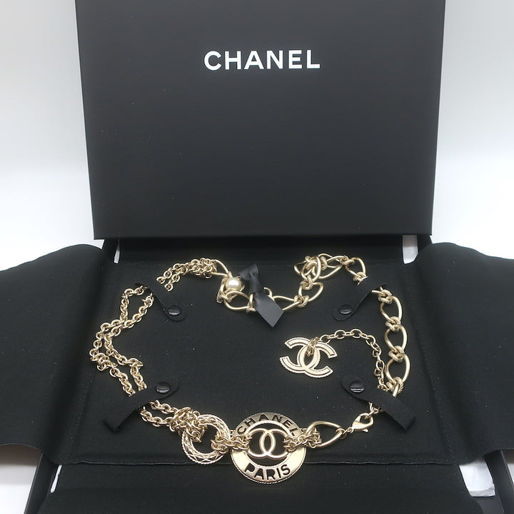 Chanel A18 Leather Bow &amp; Pearl-Embellished CC Chain Belt 36" 
