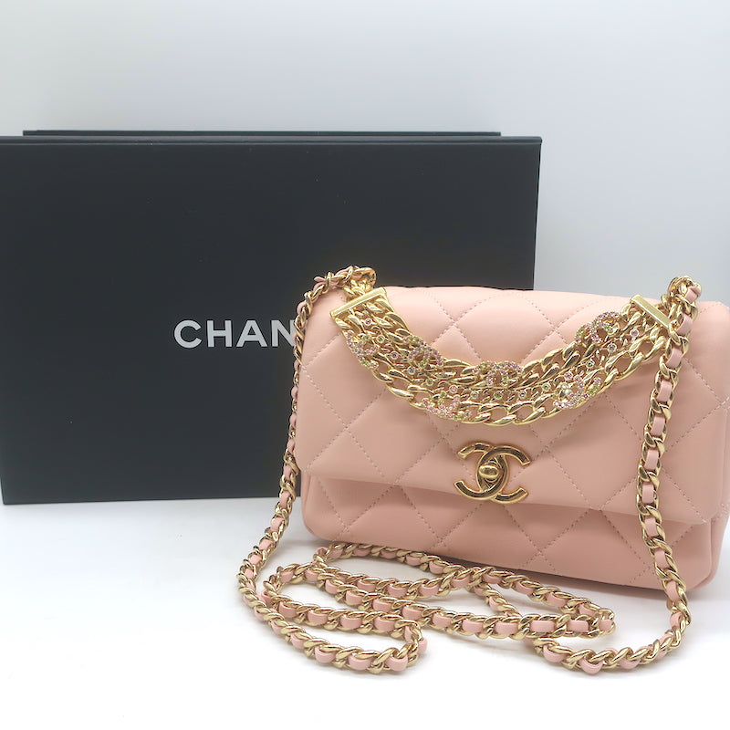 Chanel Beaute Halo Crystal CC Chain Strap Mini Bag Light Pink Quilted Leather