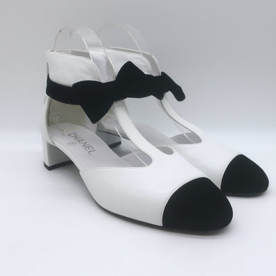 Chanel Bicolor Cap Toe T-Strap Bow Pumps White 