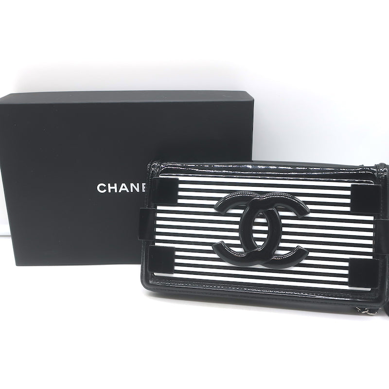 Chanel Boy Brick Striped Flap Bag Black &amp; White Patent Leather Small Crossbody