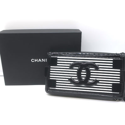 Chanel Boy Brick Striped Flap Bag Black & White Patent Leather Small Crossbody