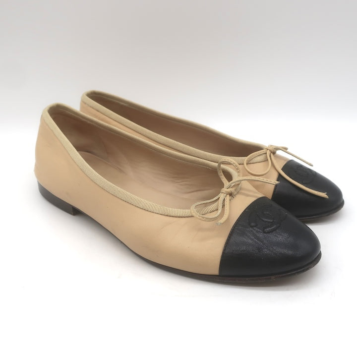 Chanel CC Cap Toe Ballet Flats Beige &amp; Black 