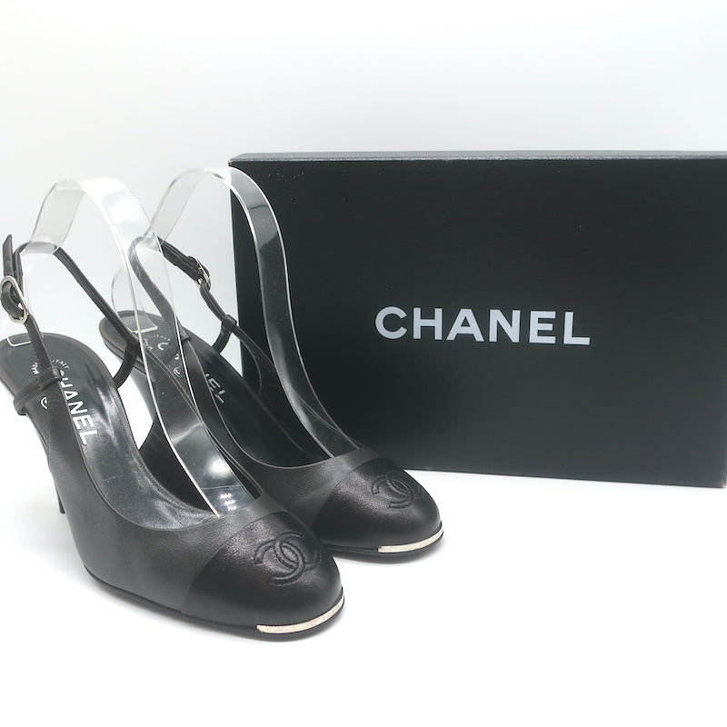 Chanel CC Cap Toe Slingback Pumps Dark Gray & Black 
